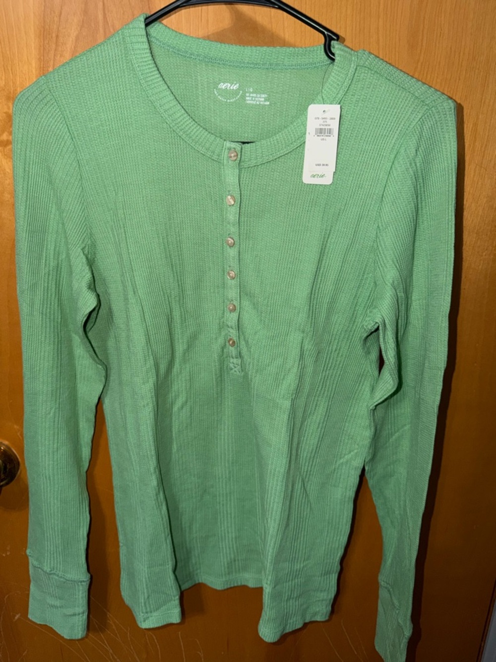 aerie Mint Green Ribbed Henley Long Sleeve Top